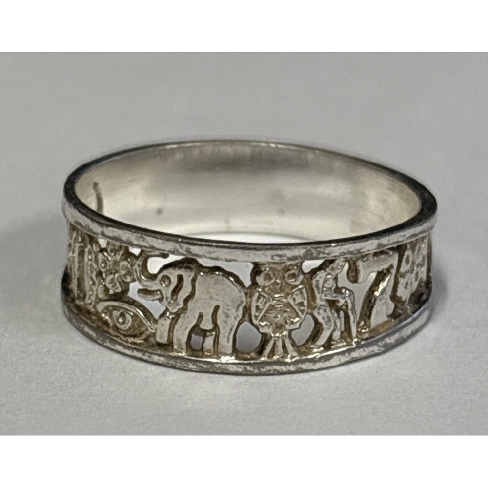 Silver Lucky Ring Band - Elephant Owl Horseshoe Seven Eye Clover, Etched Sz 7